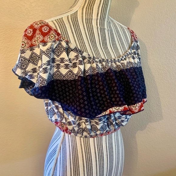 Topia Crop Top Med Ruffled Flutter Sleeves Red White Navy Blue Boho Off Shoulder - Picture 4 of 13